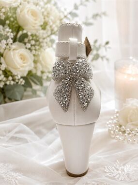 Luxury White Bridal 3” Block Heels Rhinestone Bow Wedding Shoes